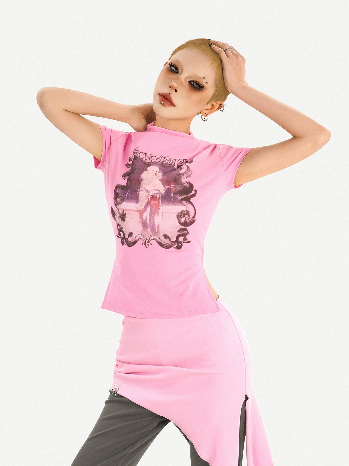 Nico Molly Pink Printed Slim Fit Streetwear Womens T Shirt Basic Crop Tops
