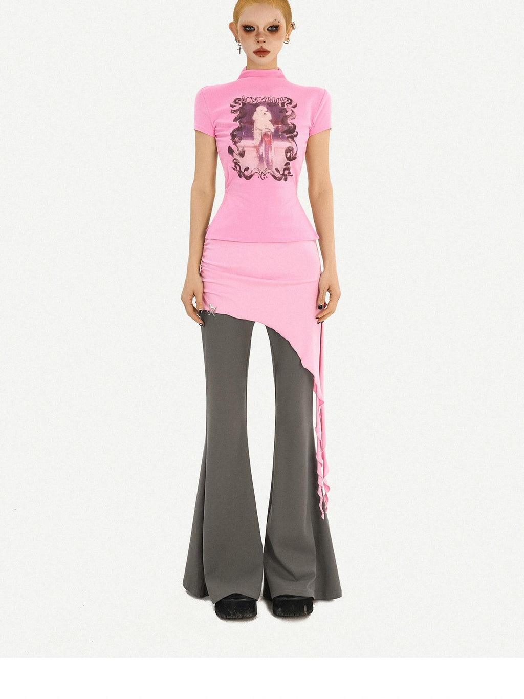 Nico Molly Pink Printed Slim Fit Streetwear Womens T Shirt Basic Crop Tops