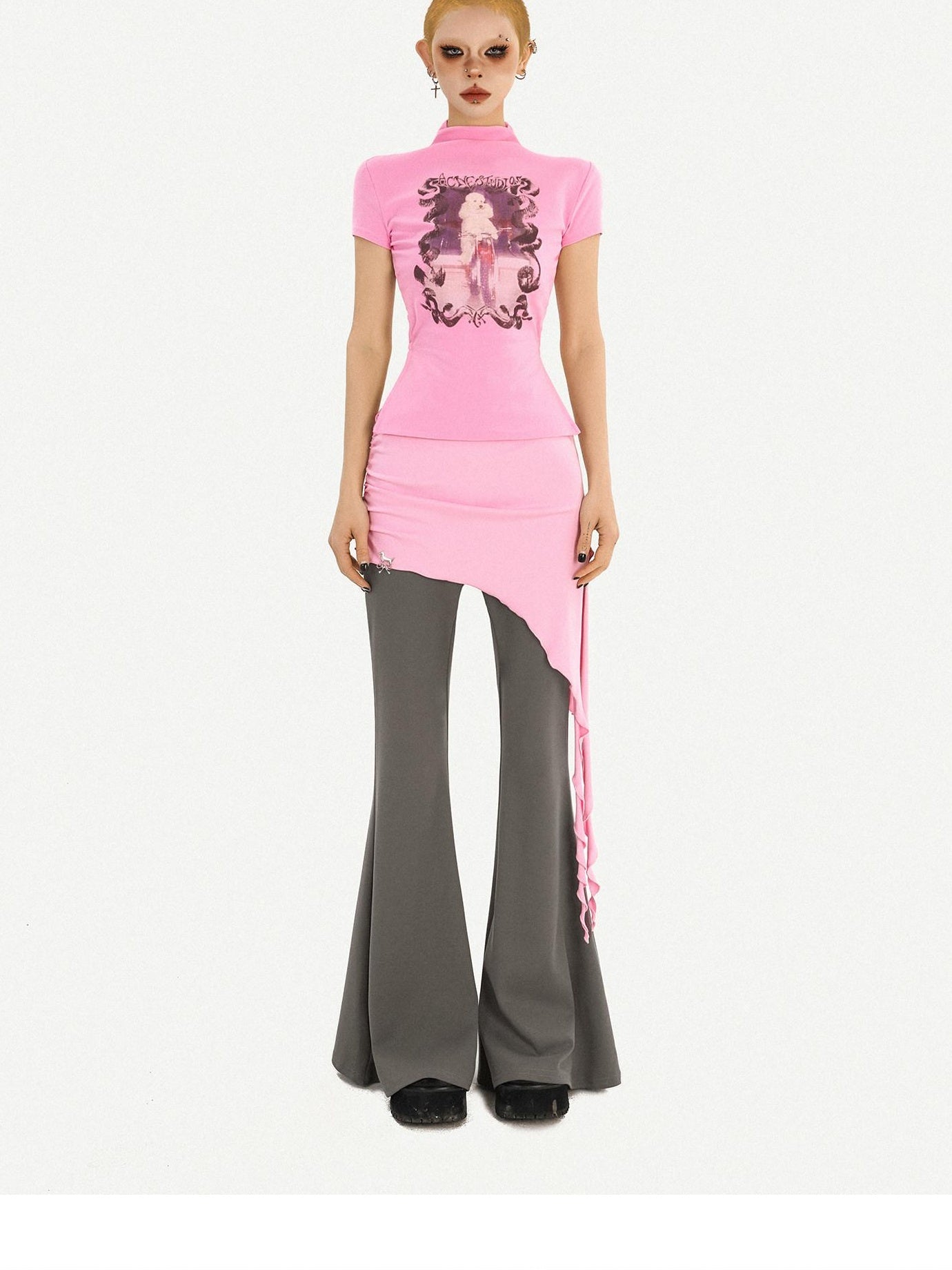 Nico Molly Pink Printed Slim Fit Streetwear Womens T Shirt Basic Crop Tops