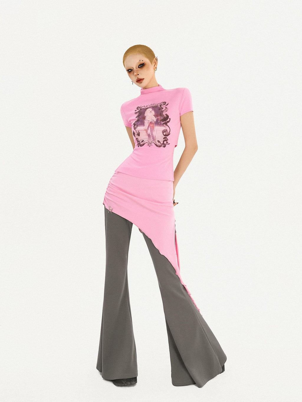 Nico Molly Pink Printed Slim Fit Streetwear Womens T Shirt Basic Crop Tops