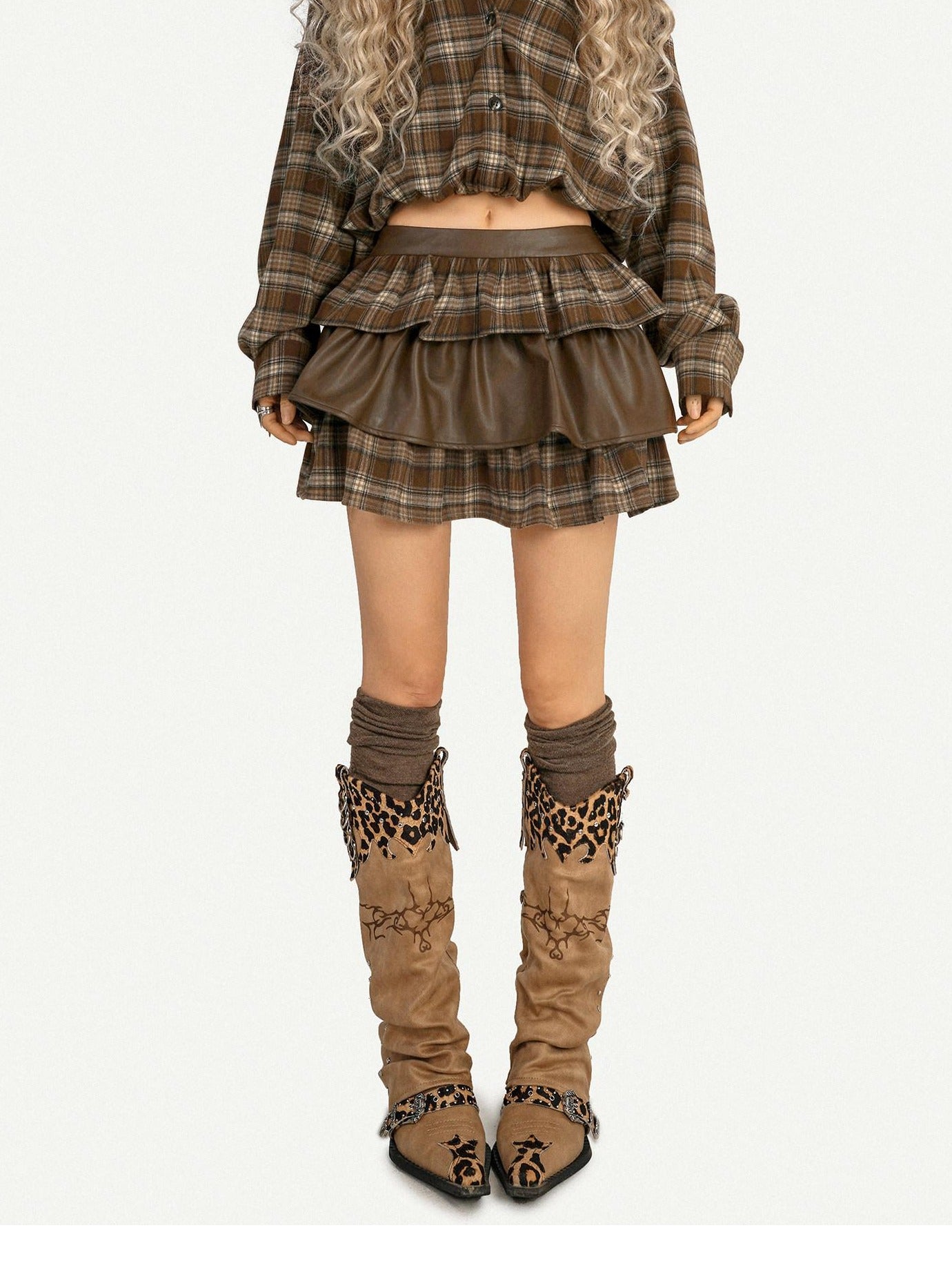 Nico Molly Plaid Brown Two Piece Loose Vintage Lapel Long Sleeve Women Top & Skirt Sets