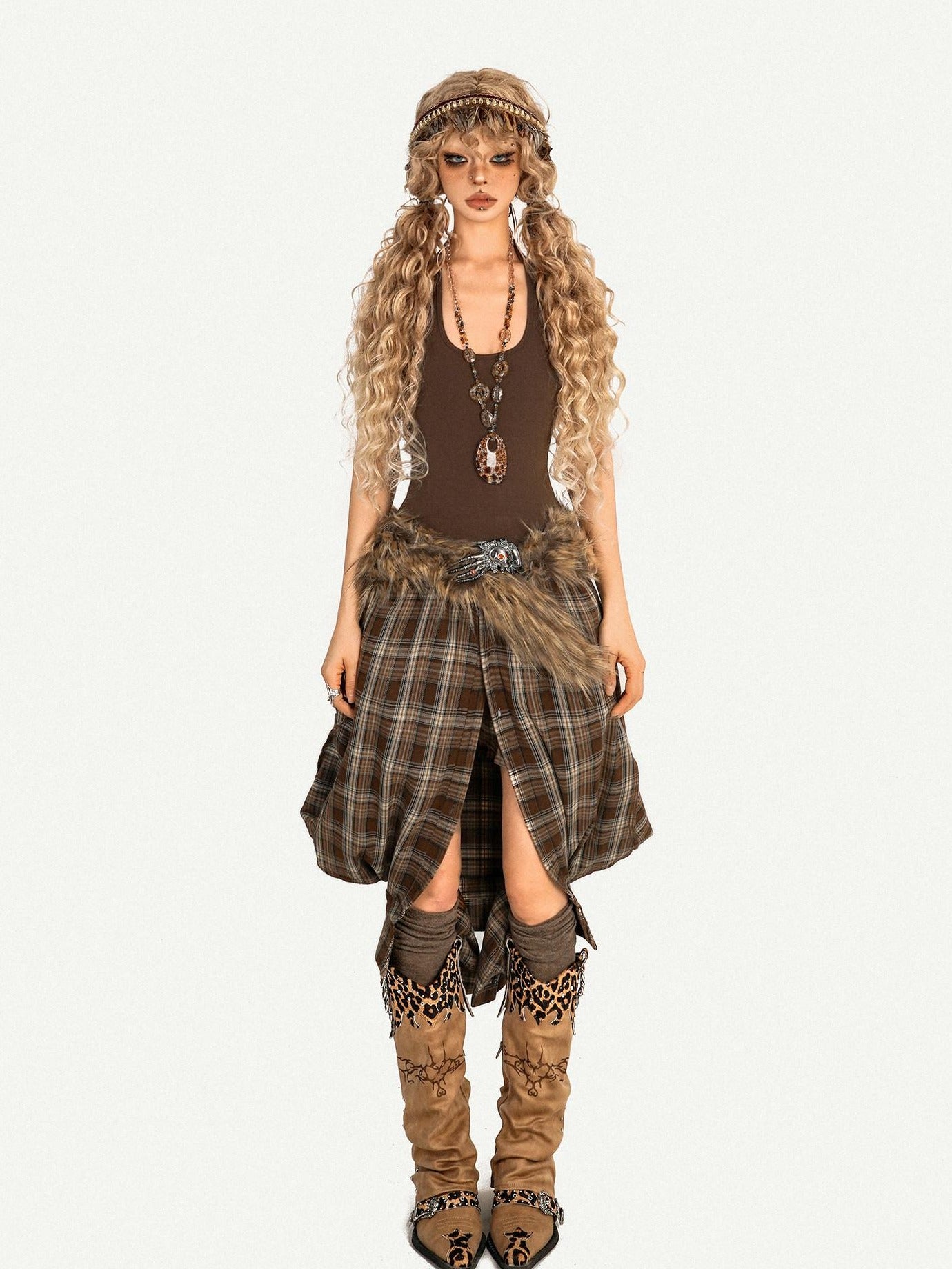 Nico Molly Plaid Brown Two Piece Loose Vintage Lapel Long Sleeve Women Top & Skirt Sets