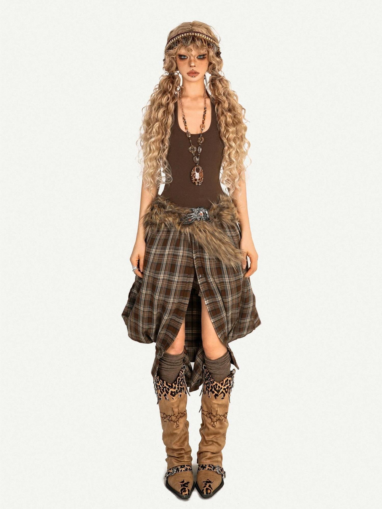 Nico Molly Plaid Brown Two Piece Loose Vintage Lapel Long Sleeve Women Top & Skirt Sets