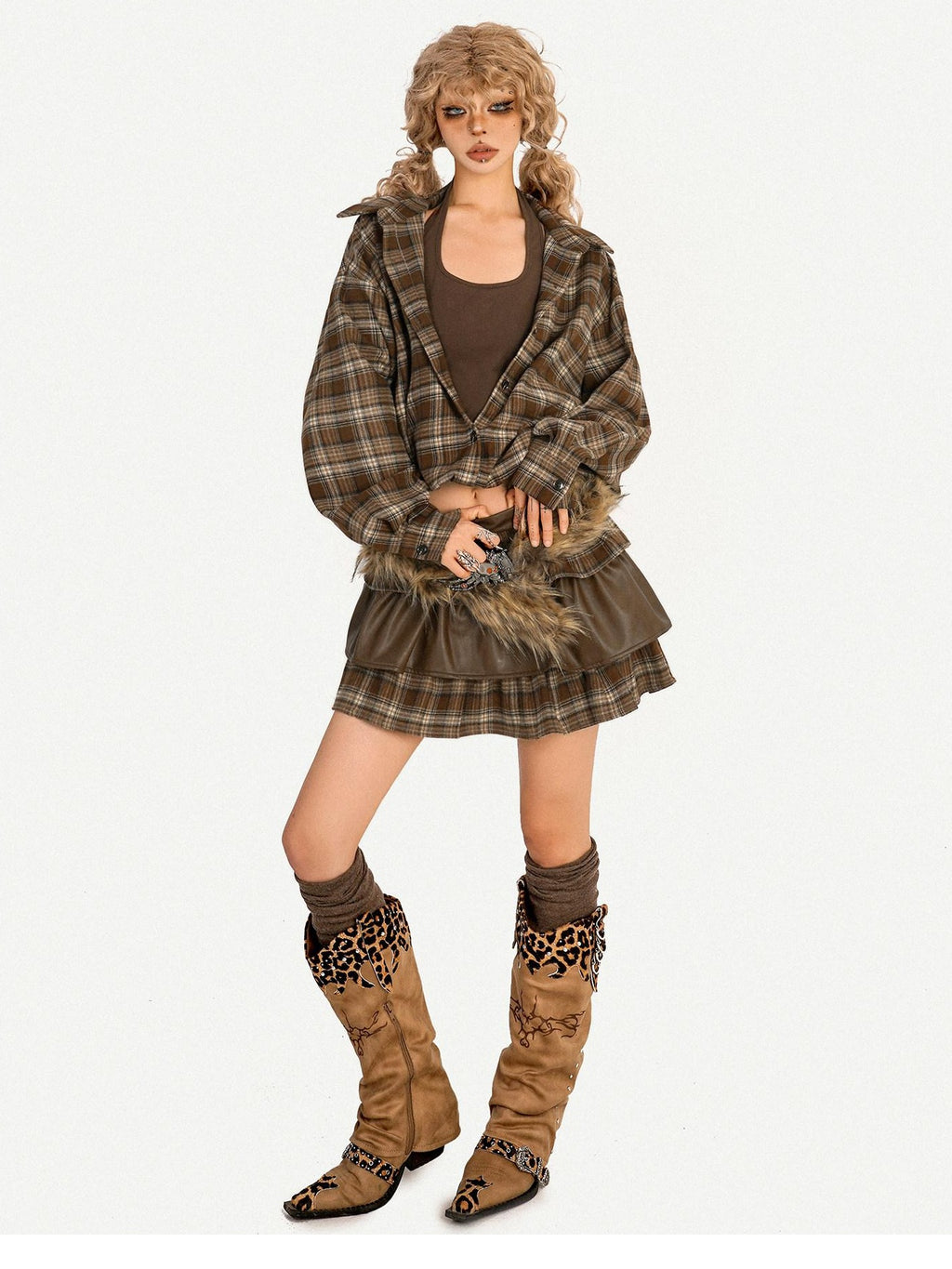 Nico Molly Plaid Brown Two Piece Loose Vintage Lapel Long Sleeve Women Top & Skirt Sets
