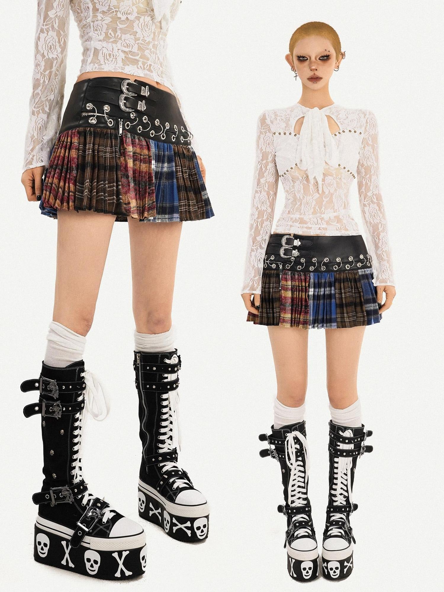 Nico Molly Plaid Patchwork High Waist Pleated Skirt Tie Waist Women Pu Mini Skirts
