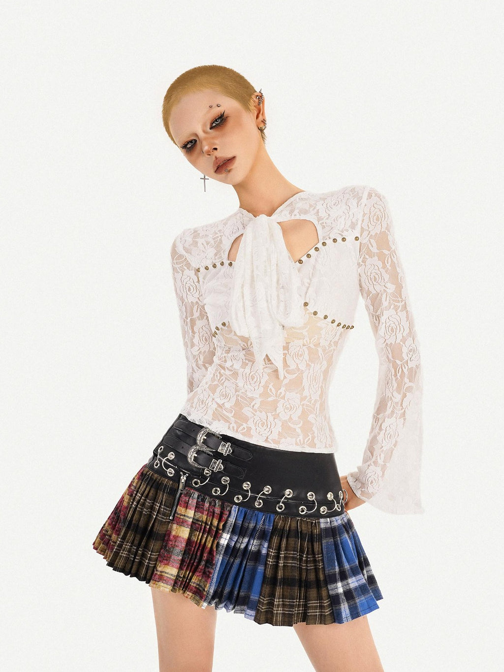 Nico Molly Plaid Patchwork High Waist Pleated Skirt Tie Waist Women Pu Mini Skirts
