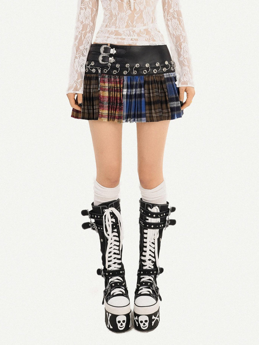 Nico Molly Plaid Patchwork High Waist Pleated Skirt Tie Waist Women Pu Mini Skirts