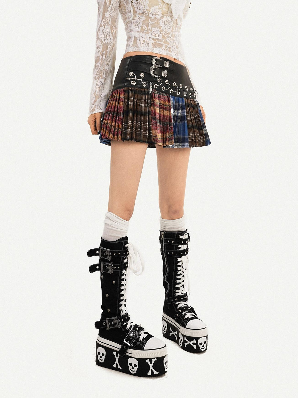 Nico Molly Plaid Patchwork High Waist Pleated Skirt Tie Waist Women Pu Mini Skirts