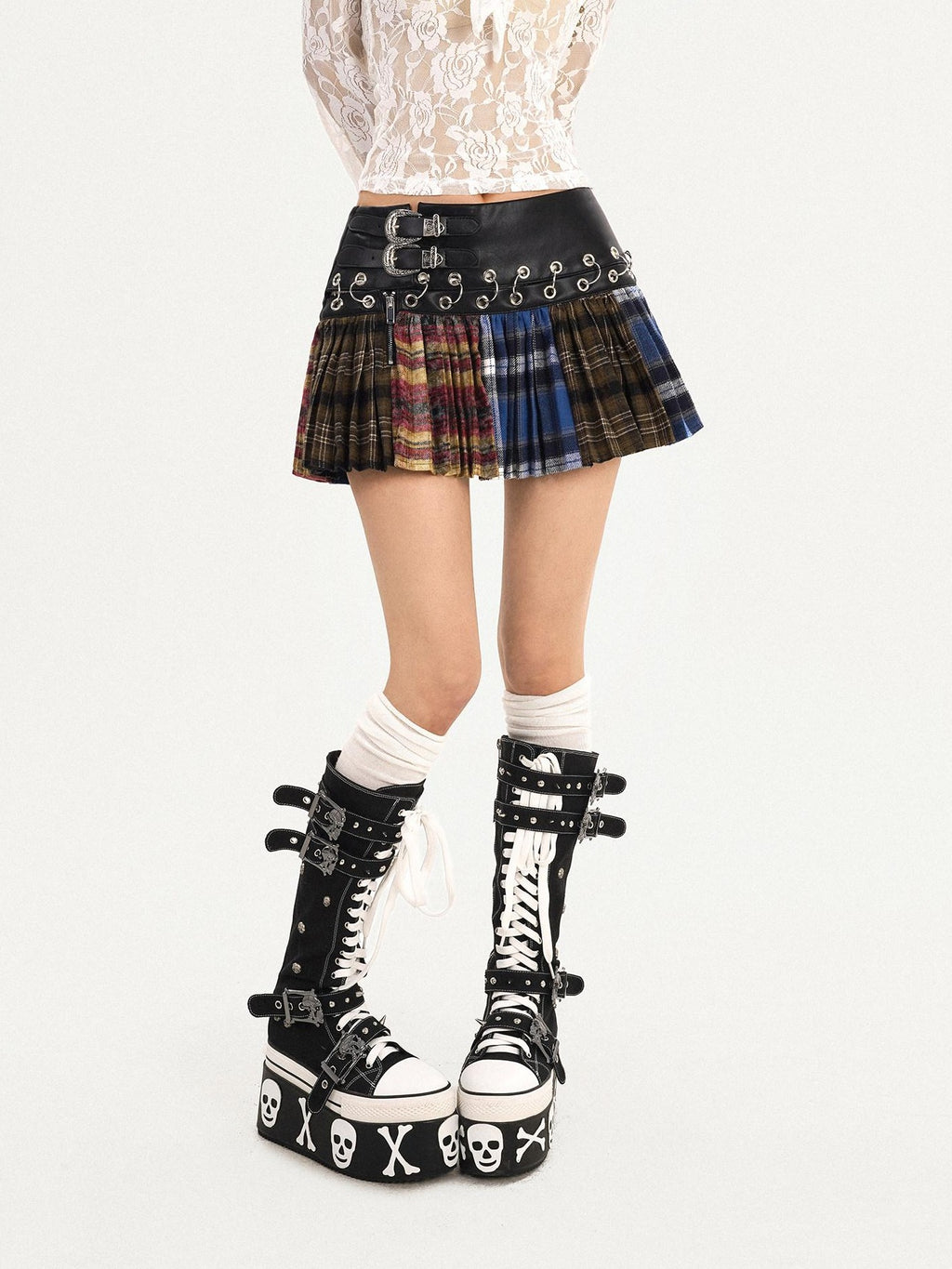 Nico Molly Plaid Patchwork High Waist Pleated Skirt Tie Waist Women Pu Mini Skirts
