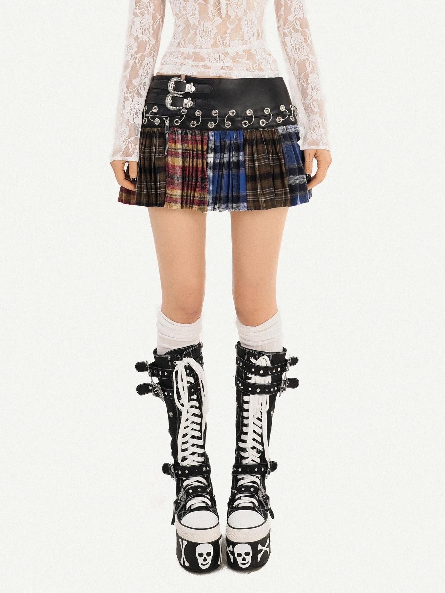 Nico Molly Plaid Patchwork High Waist Pleated Skirt Tie Waist Women Pu Mini Skirts