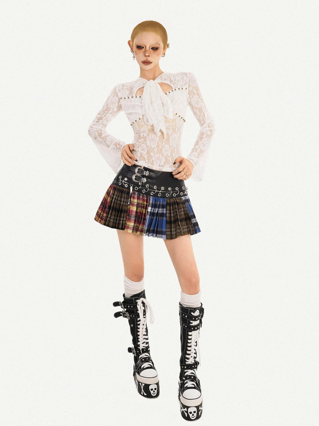 Nico Molly Plaid Patchwork High Waist Pleated Skirt Tie Waist Women Pu Mini Skirts