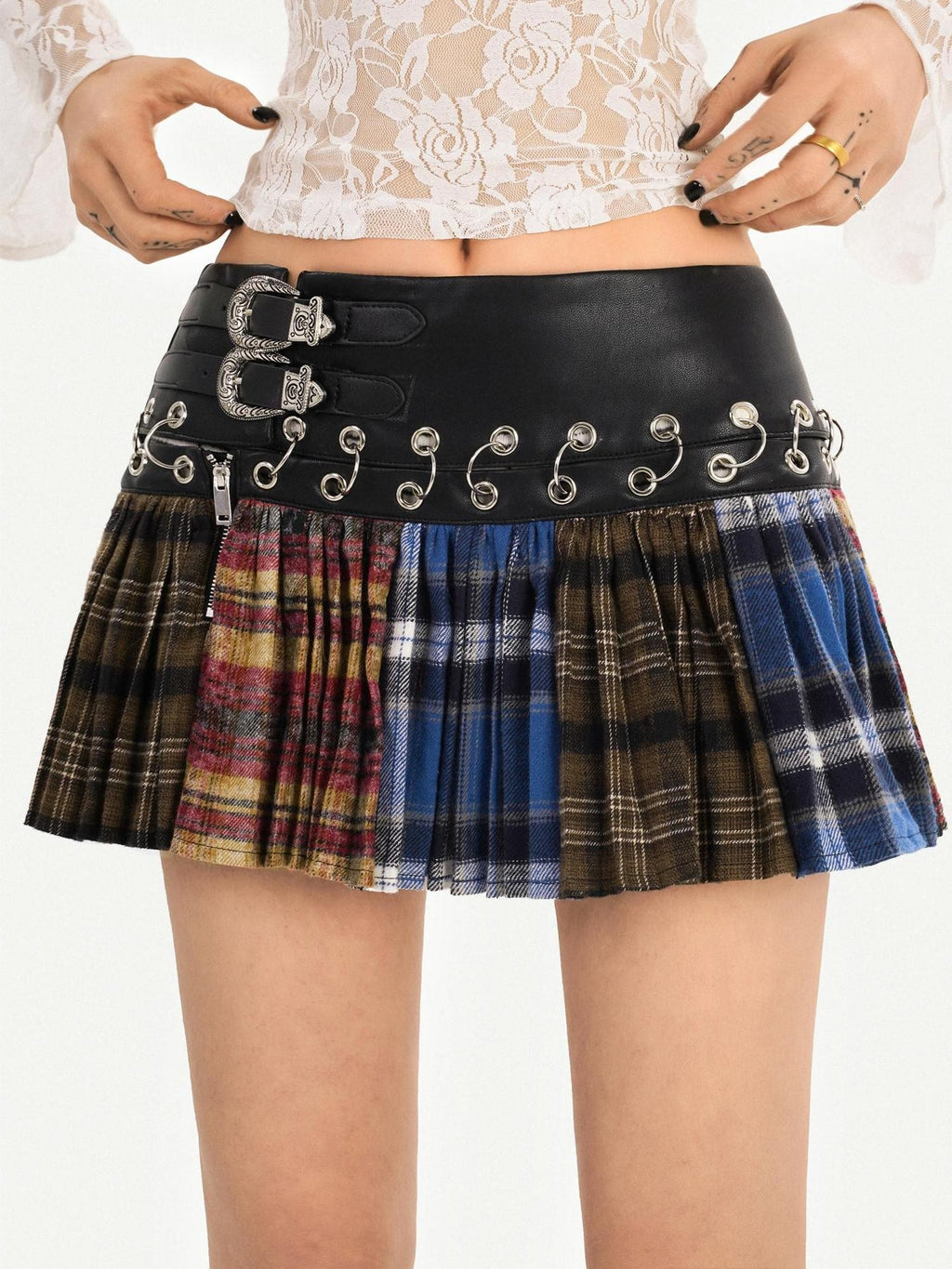 Nico Molly Plaid Patchwork High Waist Pleated Skirt Tie Waist Women Pu Mini Skirts