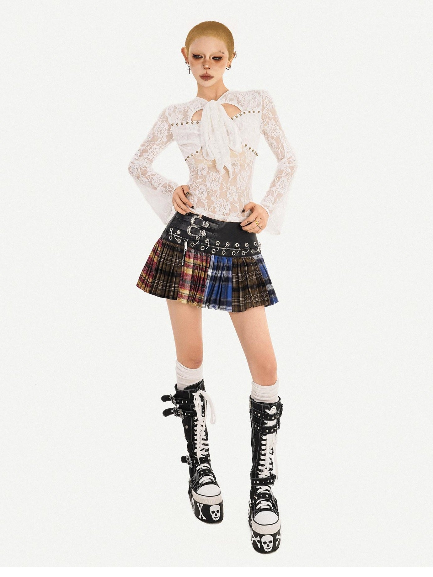 Nico Molly Plaid Patchwork High Waist Pleated Skirt Tie Waist Women Pu Mini Skirts