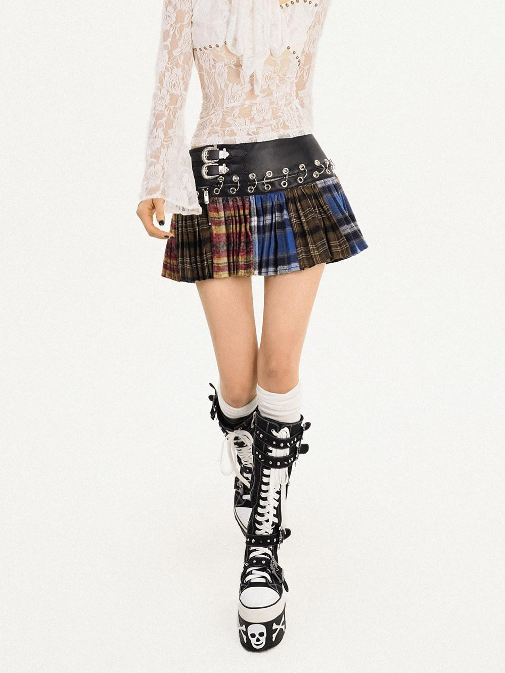 Nico Molly Plaid Patchwork High Waist Pleated Skirt Tie Waist Women Pu Mini Skirts