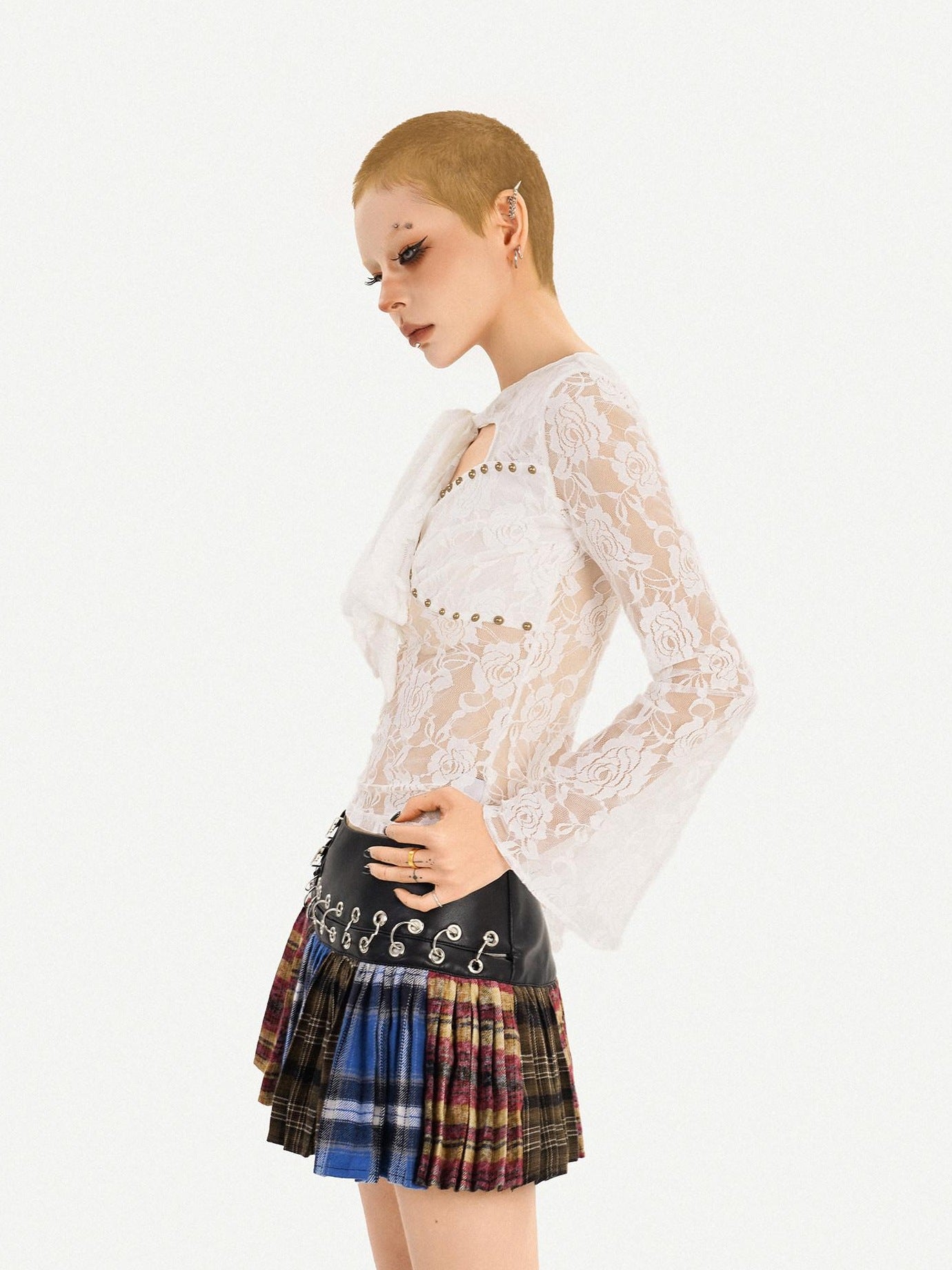 Nico Molly Plaid Patchwork High Waist Pleated Skirt Tie Waist Women Pu Mini Skirts