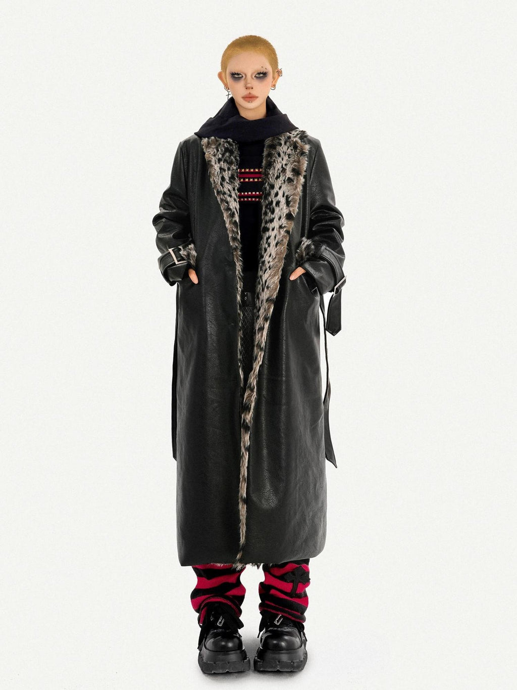 Nico Molly Plush Leopard Fur Collar Belted Vintage Midlength Black Womens Long Coats