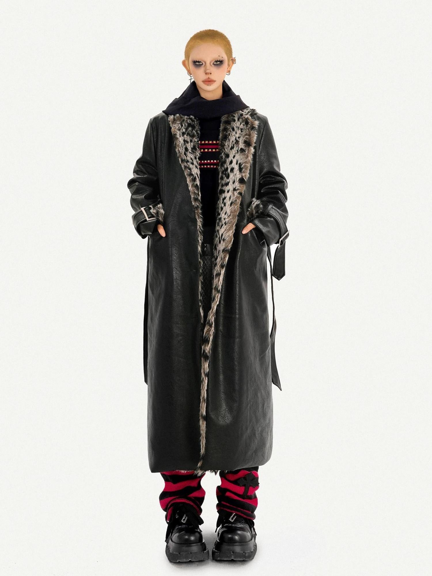 Nico Molly Plush Leopard Fur Collar Belted Vintage Midlength Black Womens Long Coats