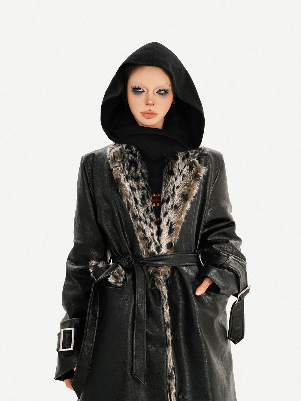 Nico Molly Plush Leopard Fur Collar Belted Vintage Midlength Black Womens Long Coats