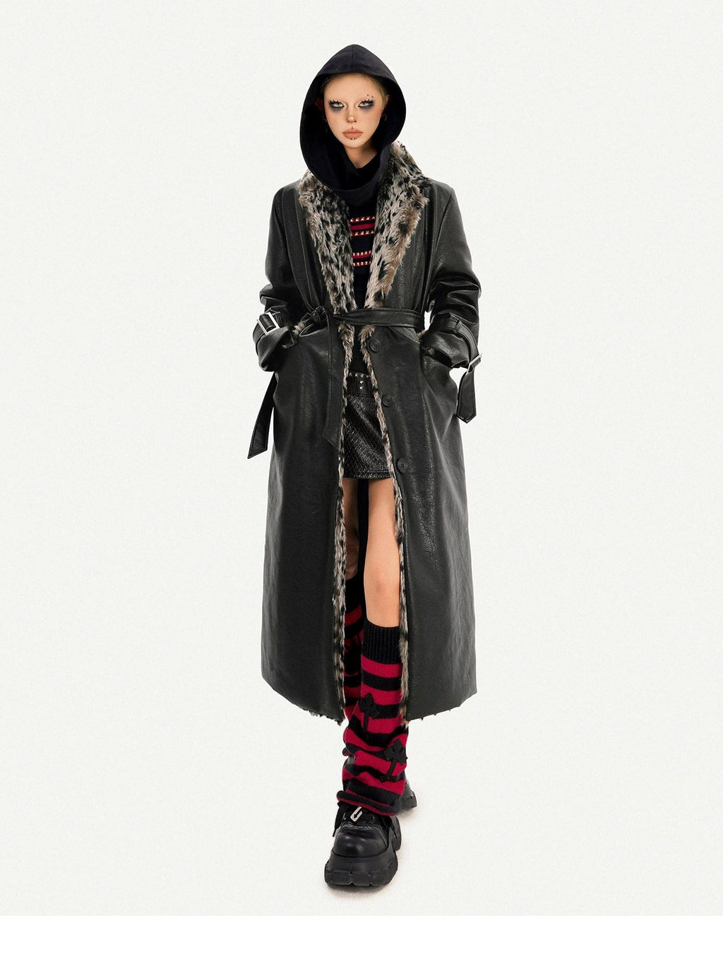Nico Molly Plush Leopard Fur Collar Belted Vintage Midlength Black Womens Long Coats
