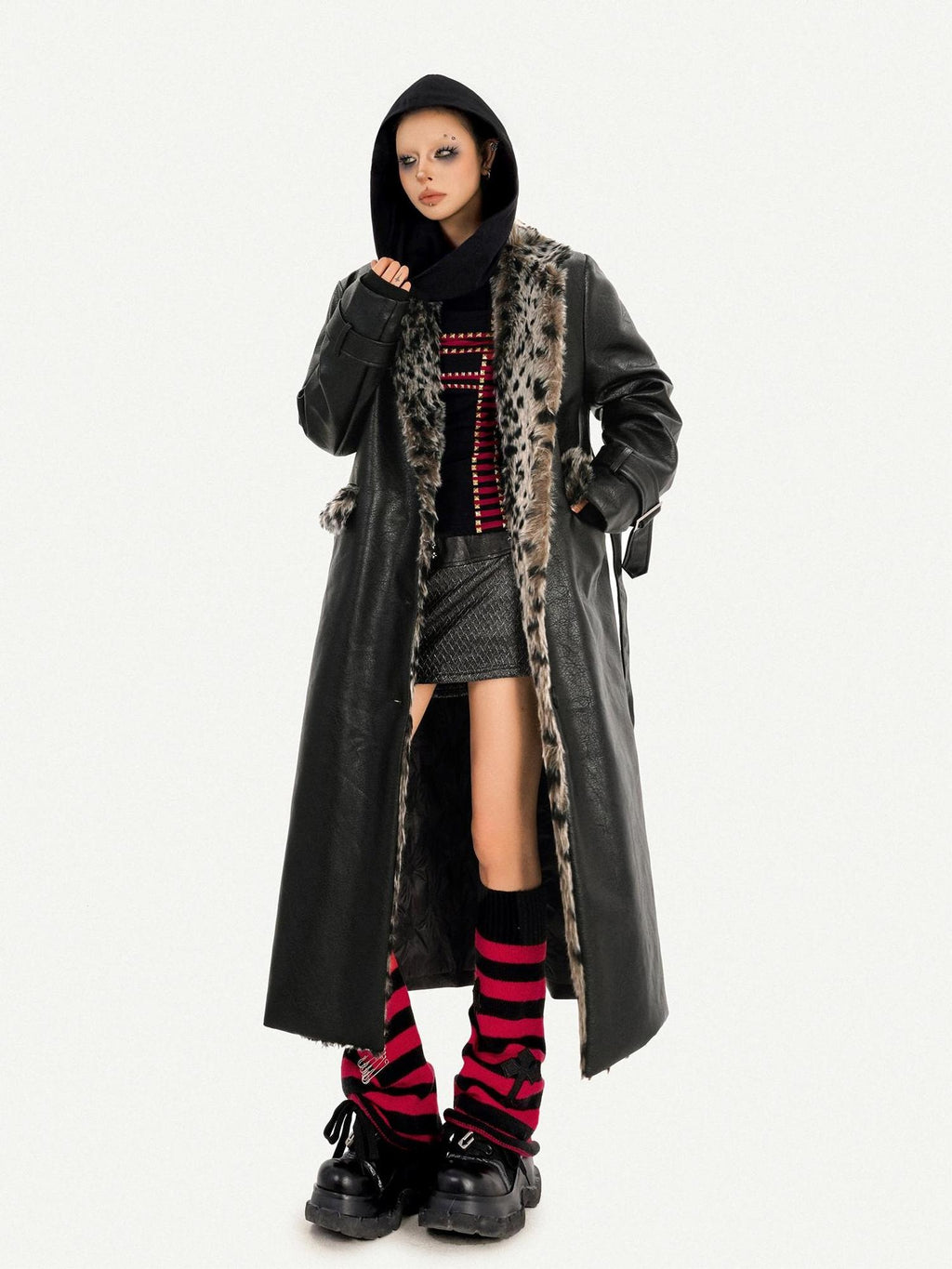 Nico Molly Plush Leopard Fur Collar Belted Vintage Midlength Black Womens Long Coats