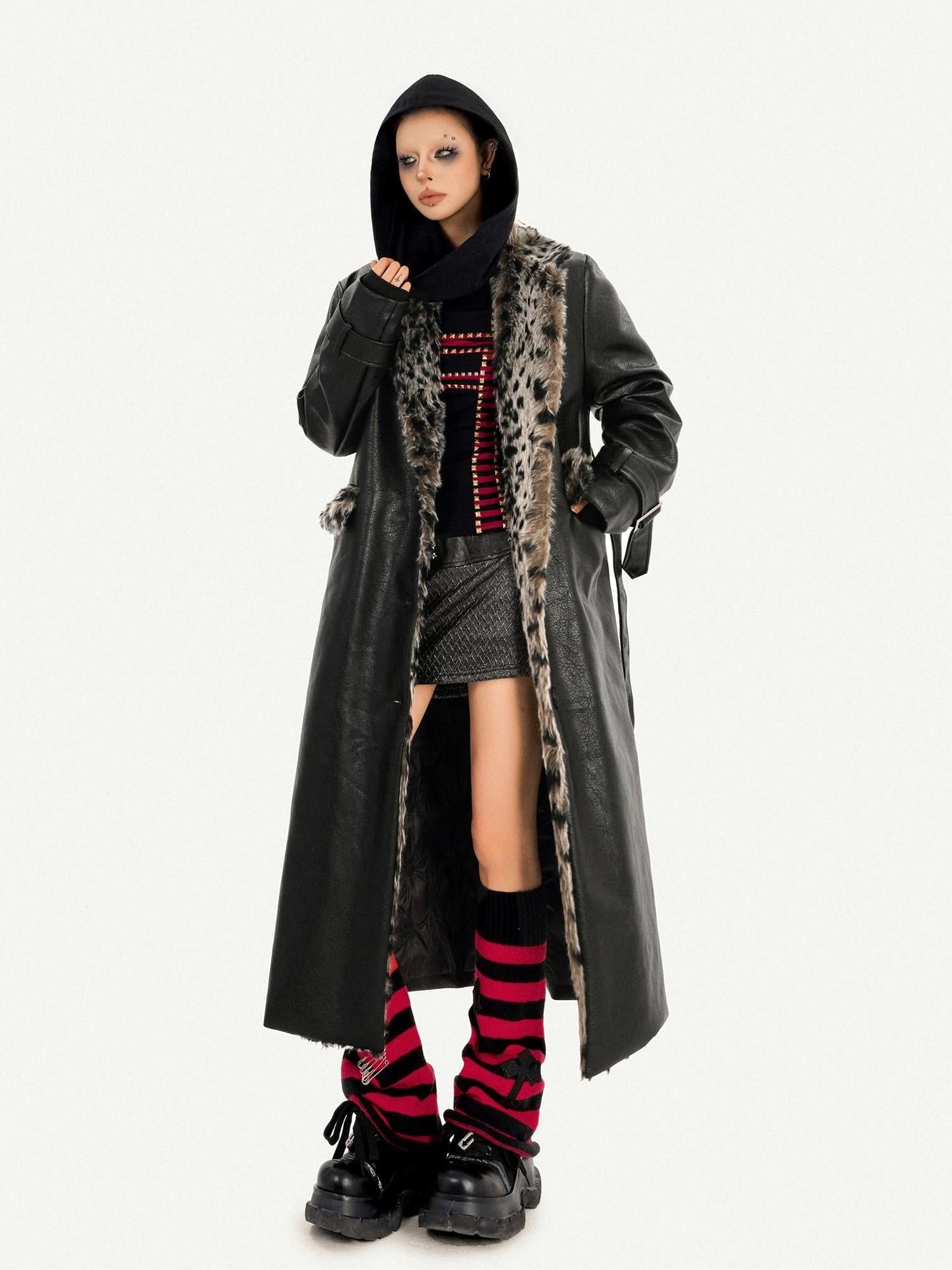 Nico Molly Plush Leopard Fur Collar Belted Vintage Midlength Black Womens Long Coats