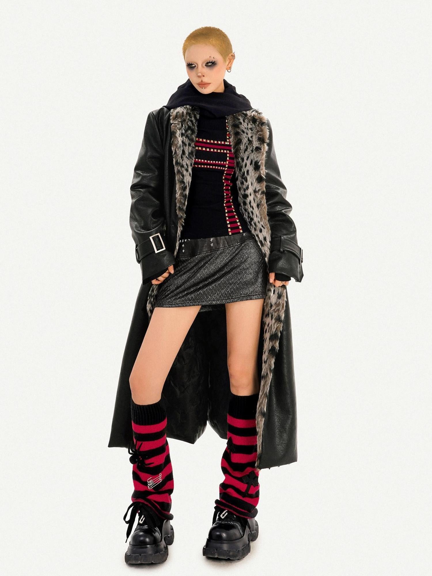 Nico Molly Plush Leopard Fur Collar Belted Vintage Midlength Black Womens Long Coats
