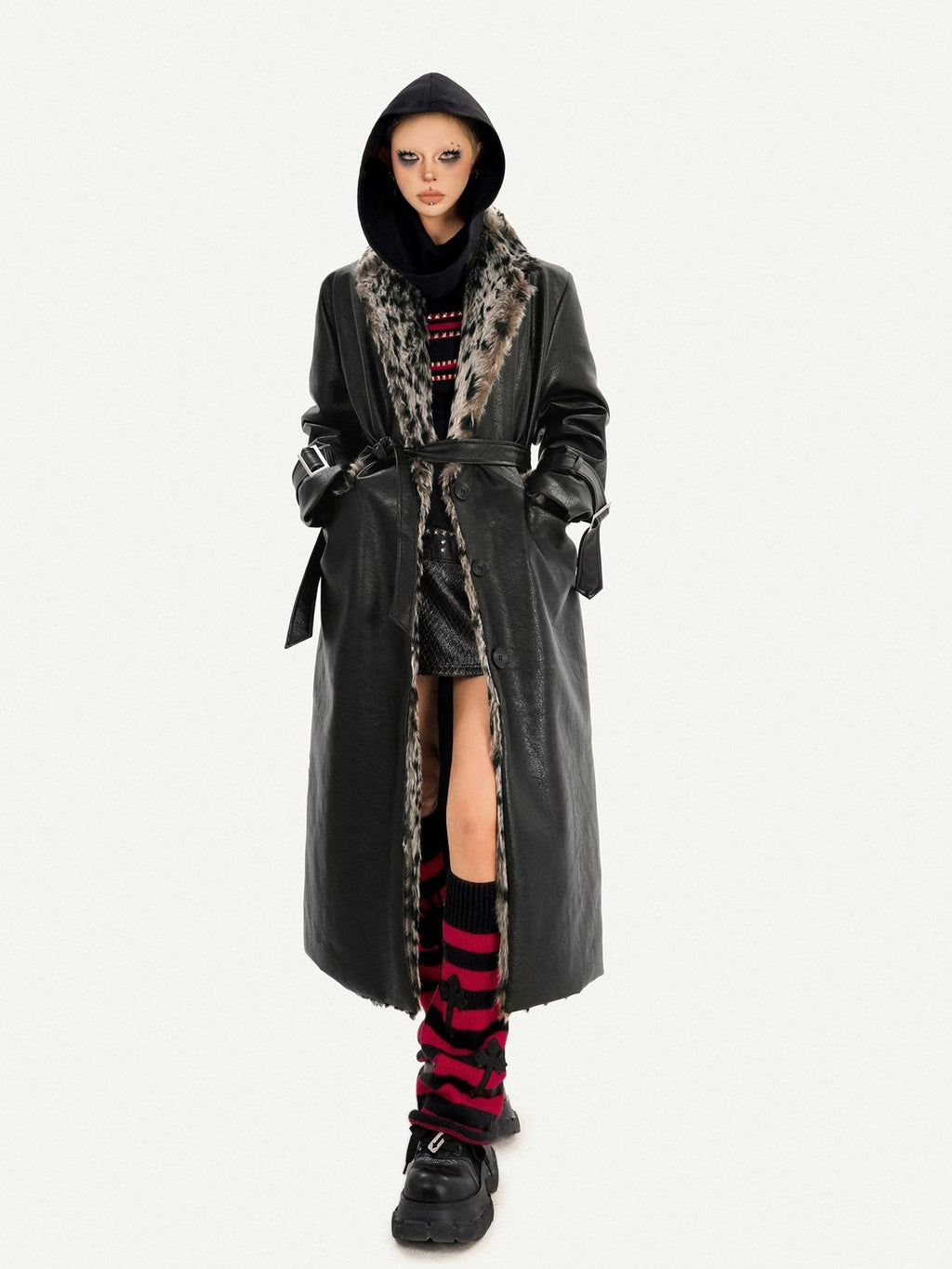 Nico Molly Plush Leopard Fur Collar Belted Vintage Midlength Black Womens Long Coats