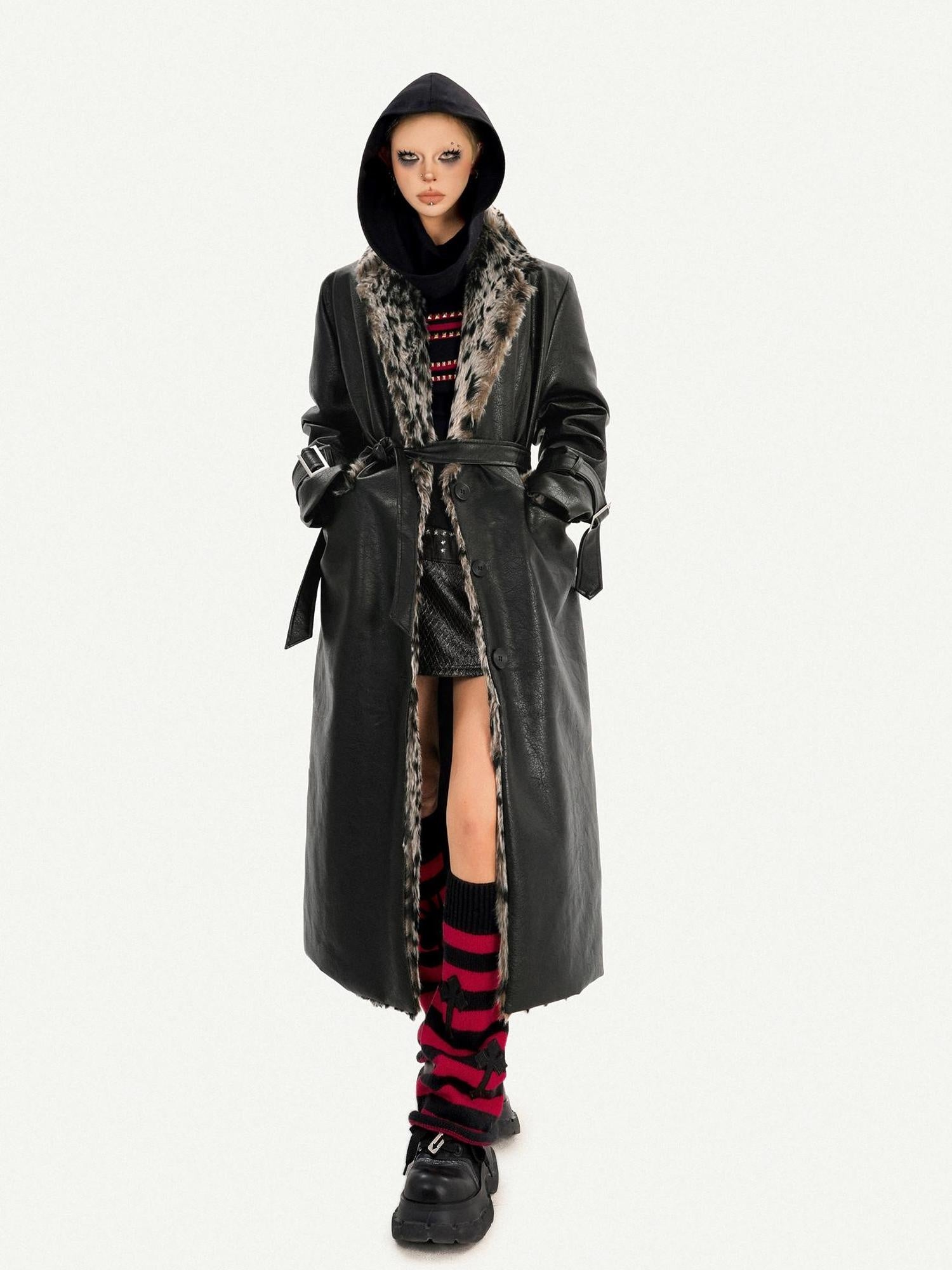 Nico Molly Plush Leopard Fur Collar Belted Vintage Midlength Black Womens Long Coats