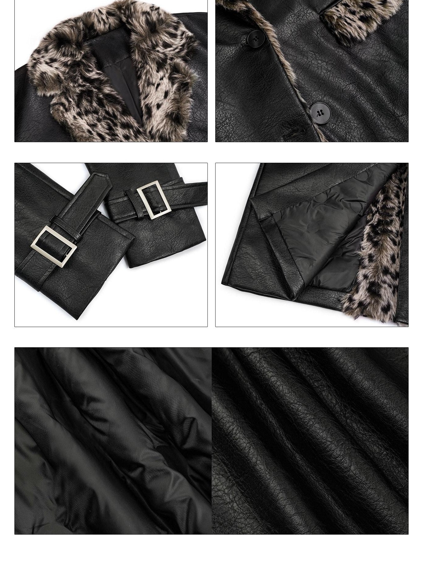 Nico Molly Plush Leopard Fur Collar Belted Vintage Midlength Black Womens Long Coats