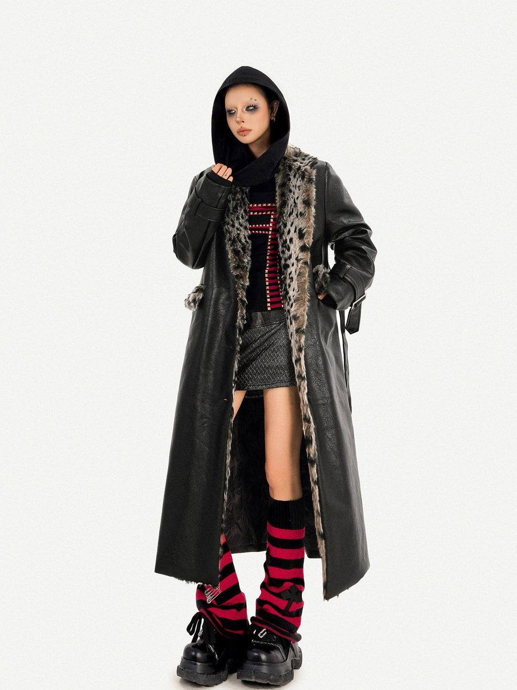 Nico Molly Plush Leopard Fur Collar Belted Vintage Midlength Black Womens Long Coats
