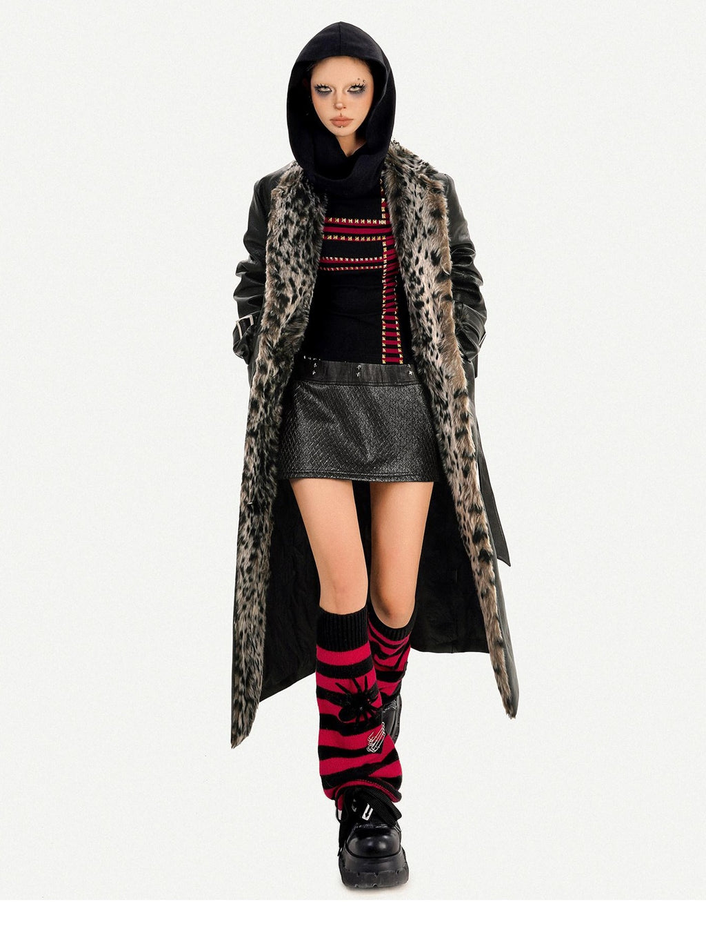 Nico Molly Plush Leopard Fur Collar Belted Vintage Midlength Black Womens Long Coats