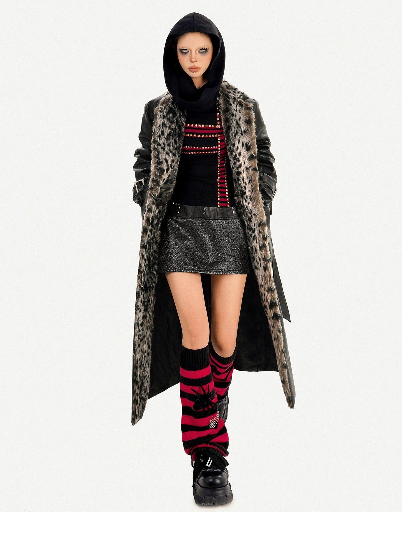 Nico Molly Plush Leopard Fur Collar Belted Vintage Midlength Black Womens Long Coats