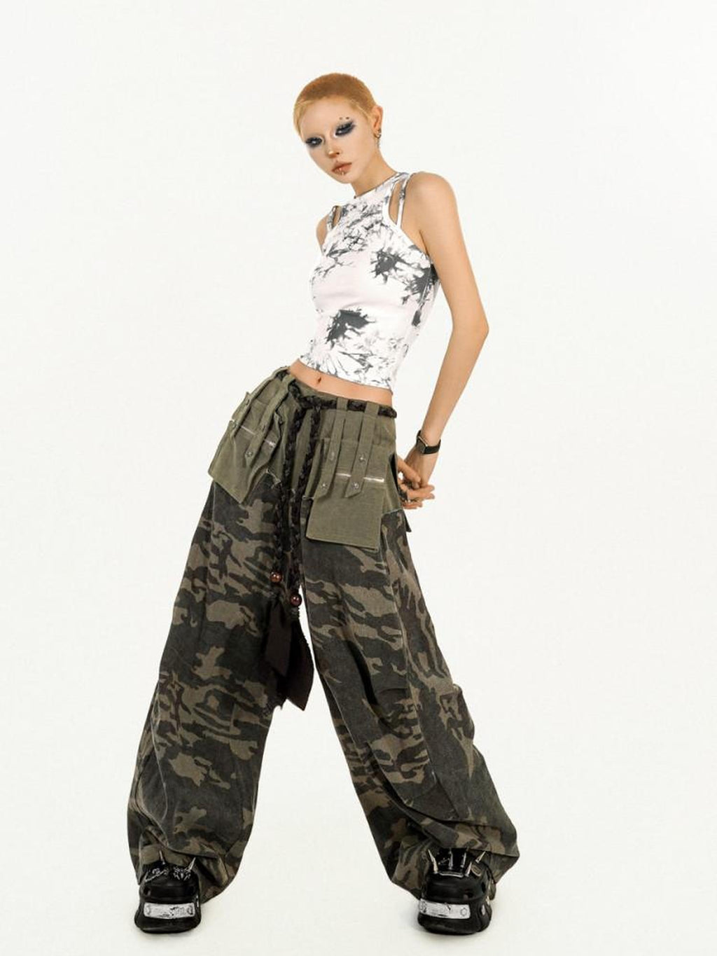 Nico Molly Pocketed Street Style Loose Natural Waist Women Dark Green Wide Leg Pants