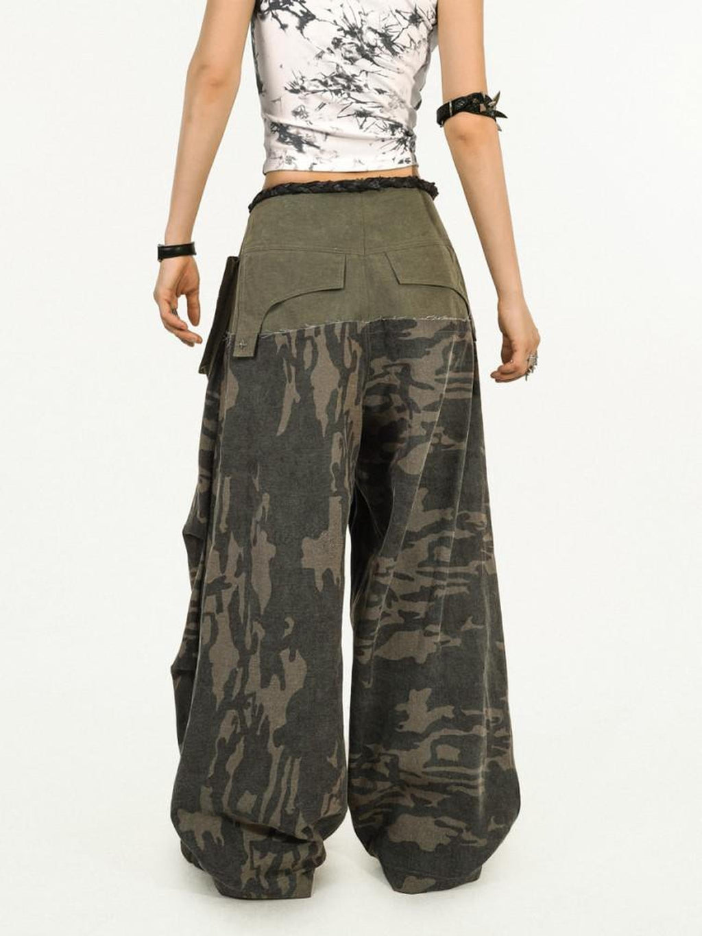 Nico Molly Pocketed Street Style Loose Natural Waist Women Dark Green Wide Leg Pants