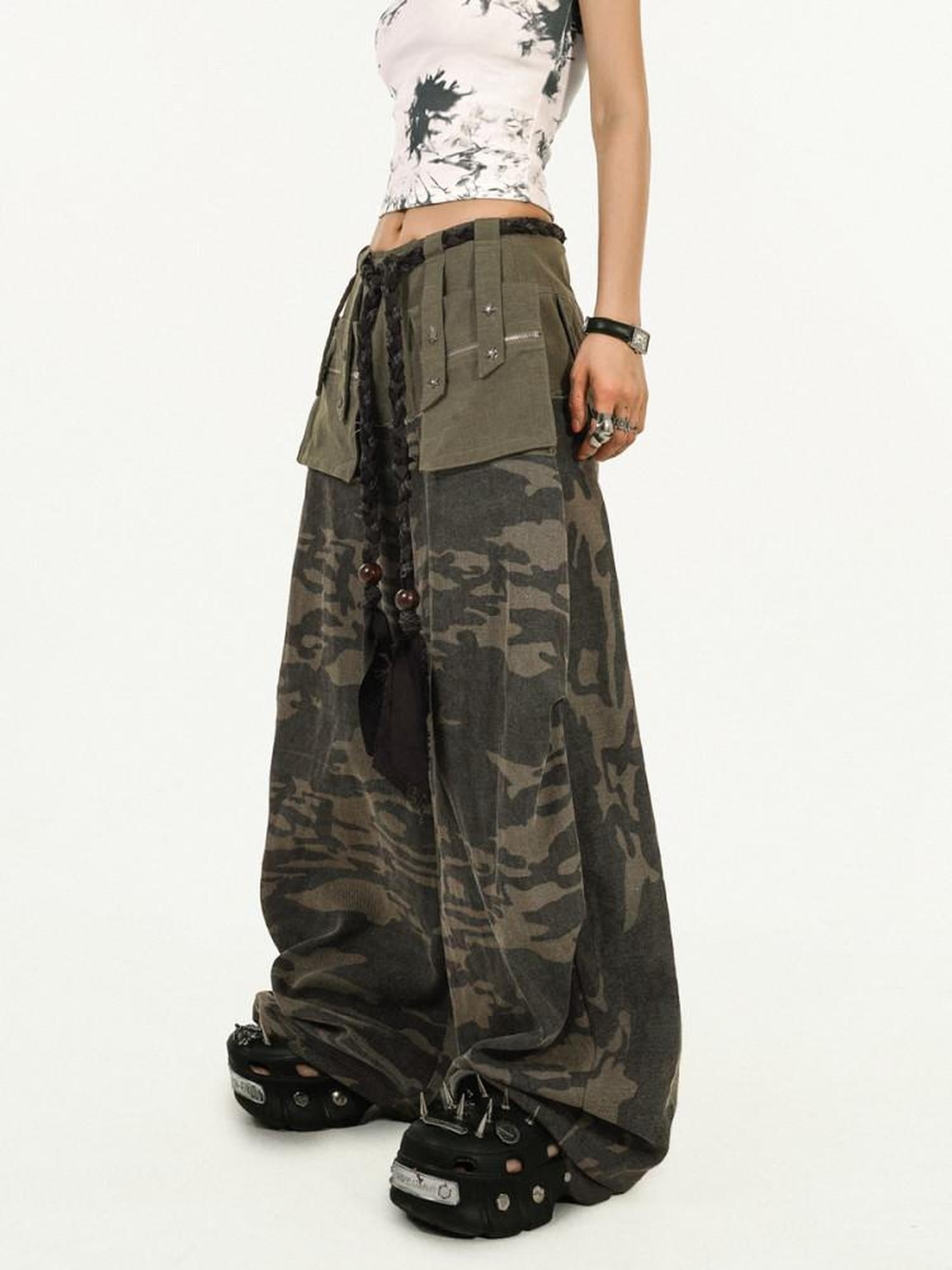 Nico Molly Pocketed Street Style Loose Natural Waist Women Dark Green Wide Leg Pants