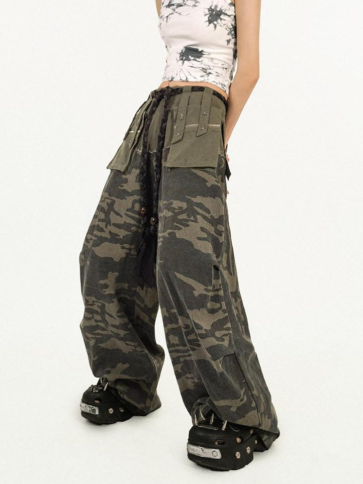 Nico Molly Pocketed Street Style Loose Natural Waist Women Dark Green Wide Leg Pants