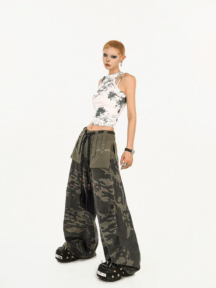 Nico Molly Pocketed Street Style Loose Natural Waist Women Dark Green Wide Leg Pants