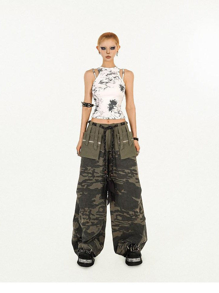 Nico Molly Pocketed Street Style Loose Natural Waist Women Dark Green Wide Leg Pants