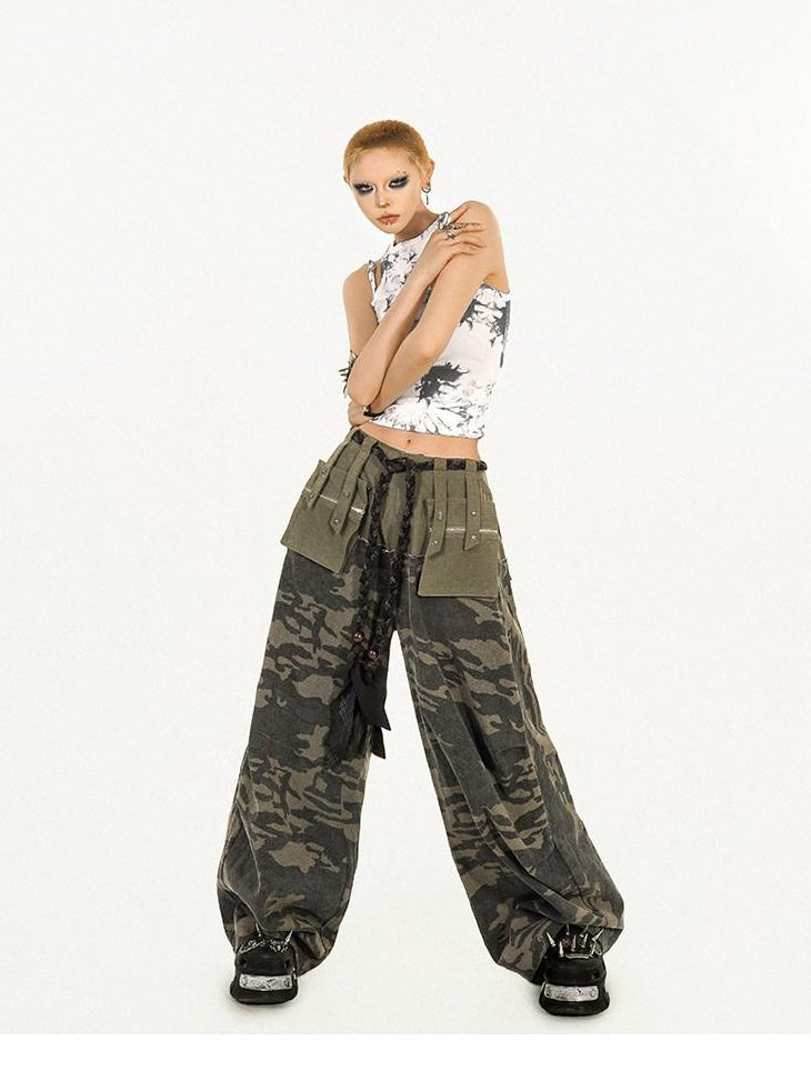 Nico Molly Pocketed Street Style Loose Natural Waist Women Dark Green Wide Leg Pants