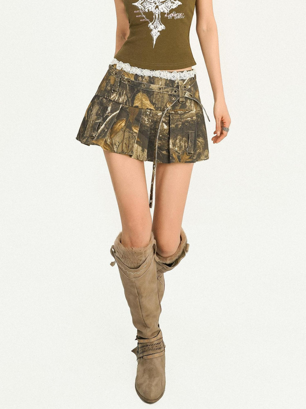 Nico Molly Printed Low Waist Pleated Punk Street Style Lined Campus Date Mini Skirts
