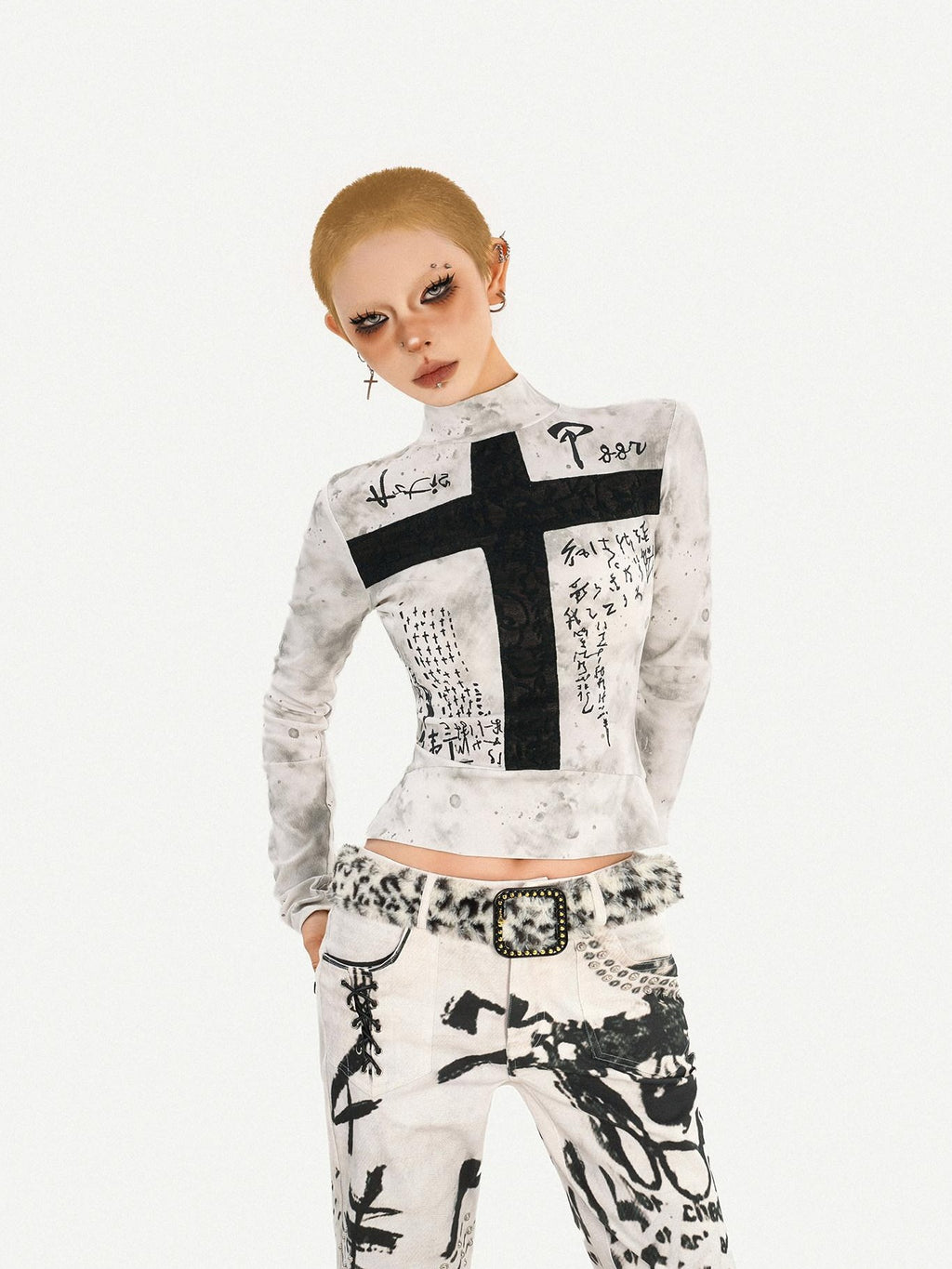 Nico Molly Printed Punk Street Slim Fit White Women Pullover Long Sleeve T-Shirts