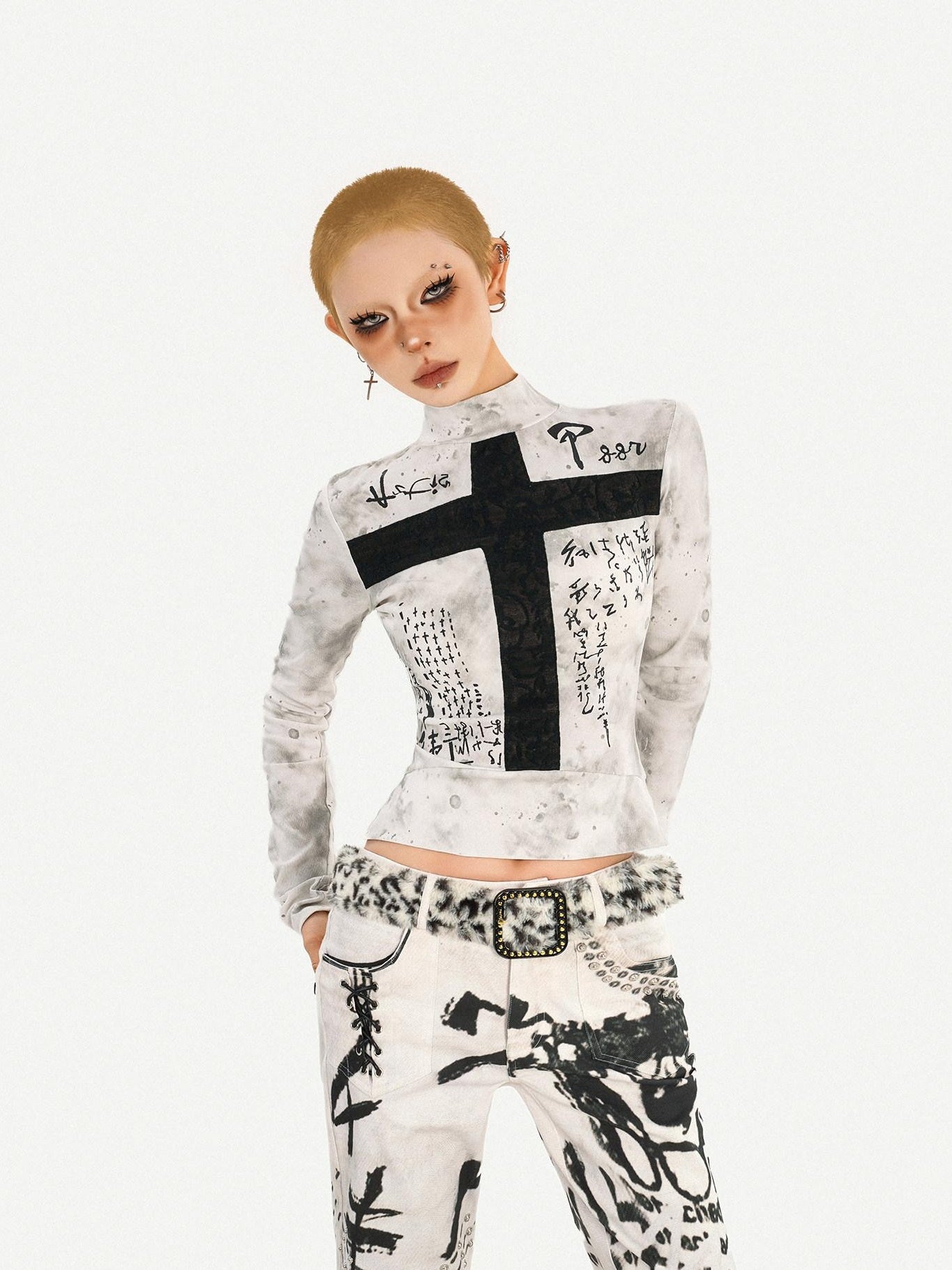 Nico Molly Printed Punk Street Slim Fit White Women Pullover Long Sleeve T-Shirts