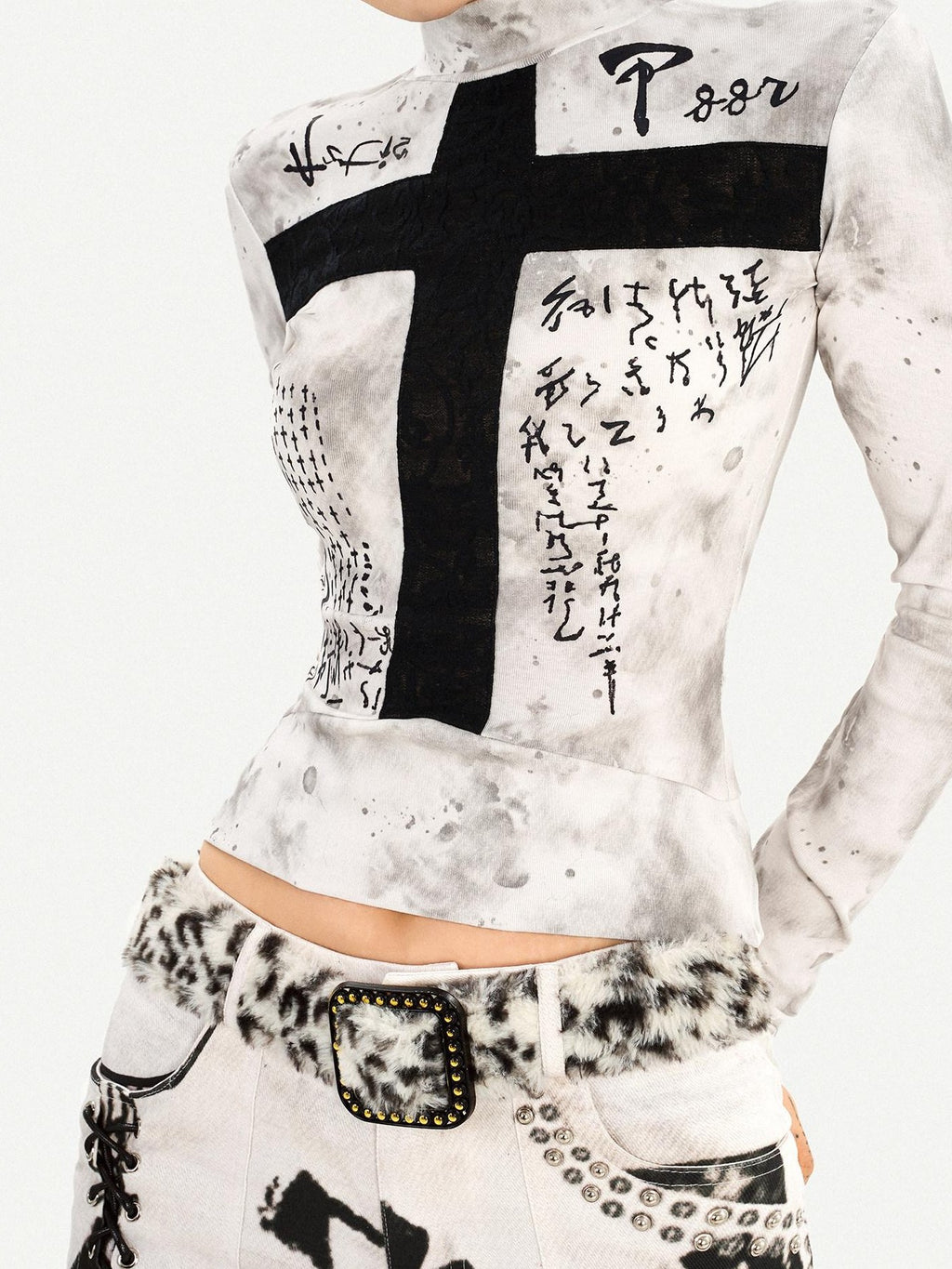 Nico Molly Printed Punk Street Slim Fit White Women Pullover Long Sleeve T-Shirts