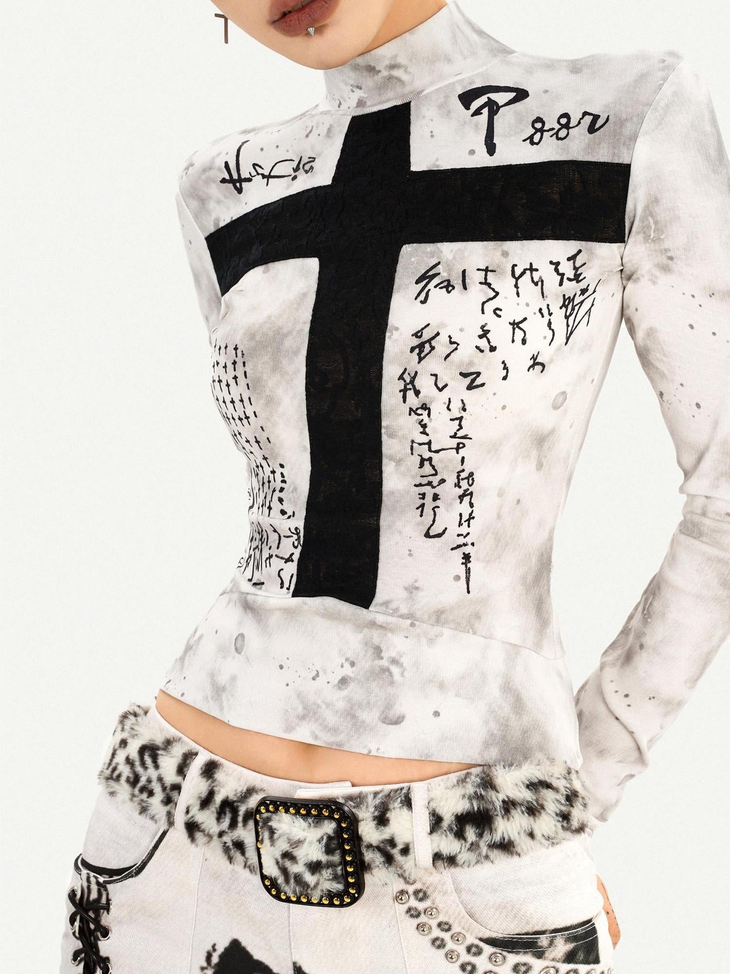 Nico Molly Printed Punk Street Slim Fit White Women Pullover Long Sleeve T-Shirts