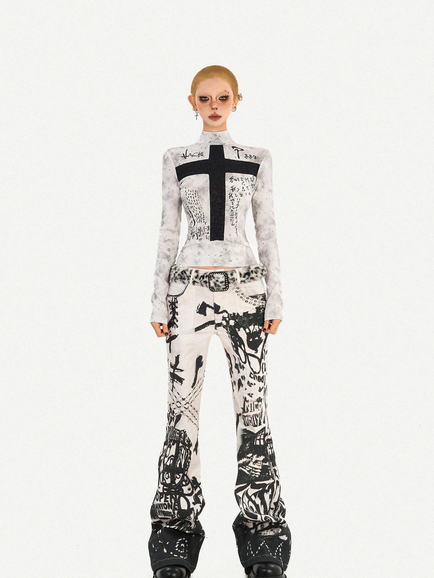 Nico Molly Printed Punk Street Slim Fit White Women Pullover Long Sleeve T-Shirts
