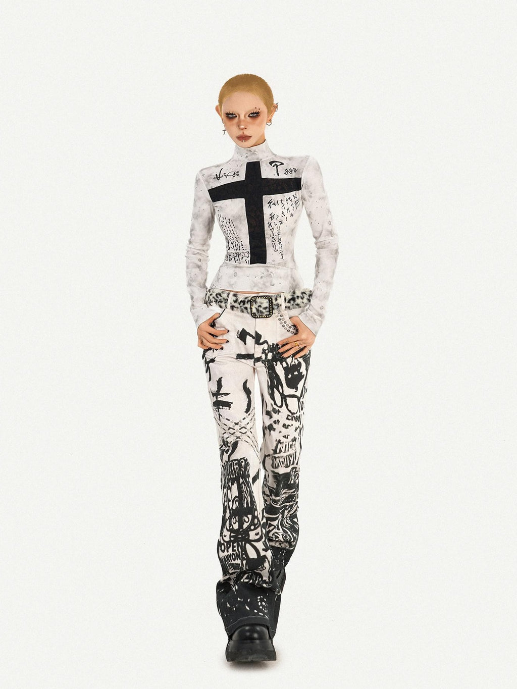 Nico Molly Printed Punk Street Slim Fit White Women Pullover Long Sleeve T-Shirts