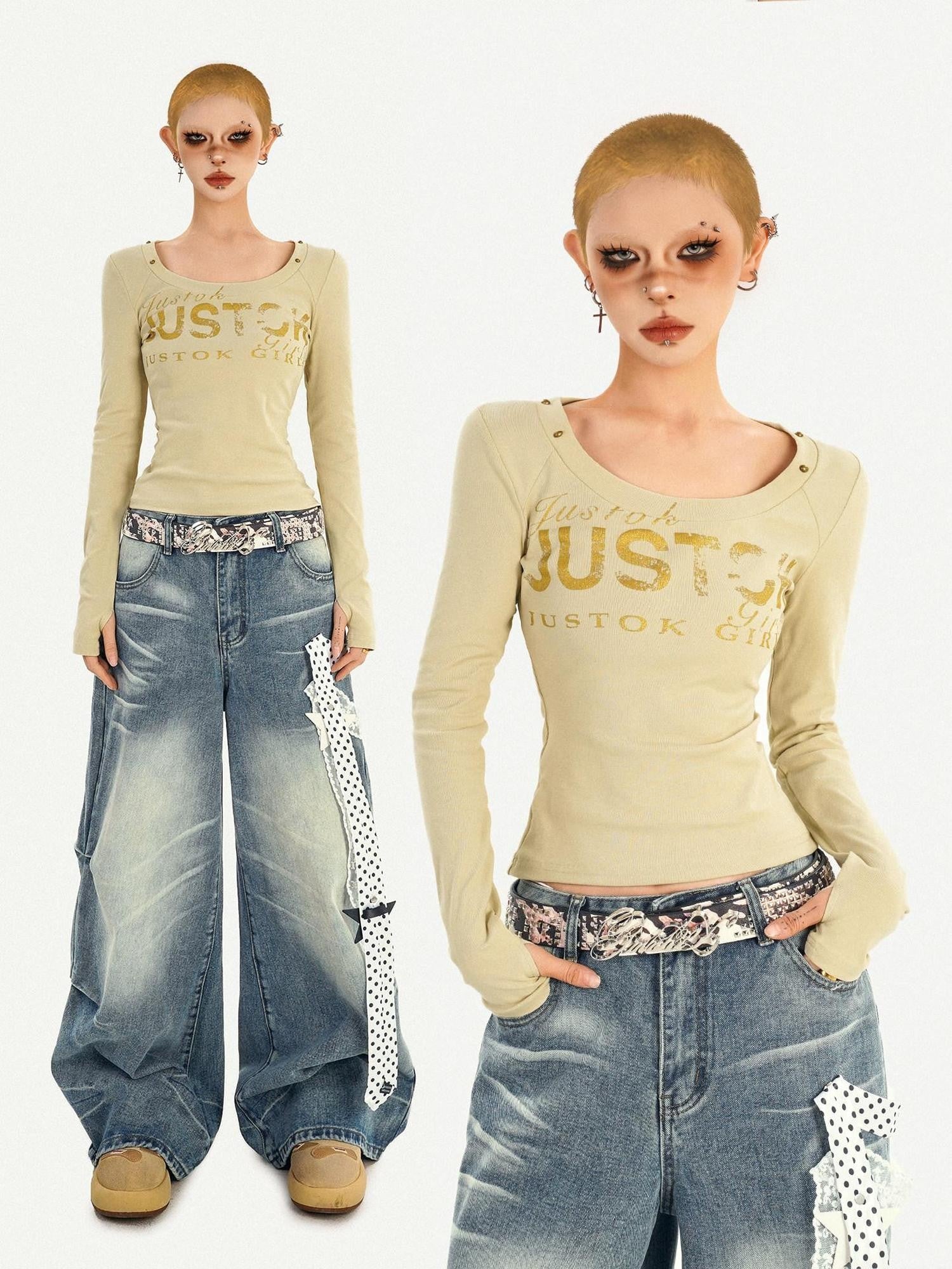 Nico Molly Printed Slim Fit American Crewneck Women Letter Graphic Long Sleeve T-Shirts