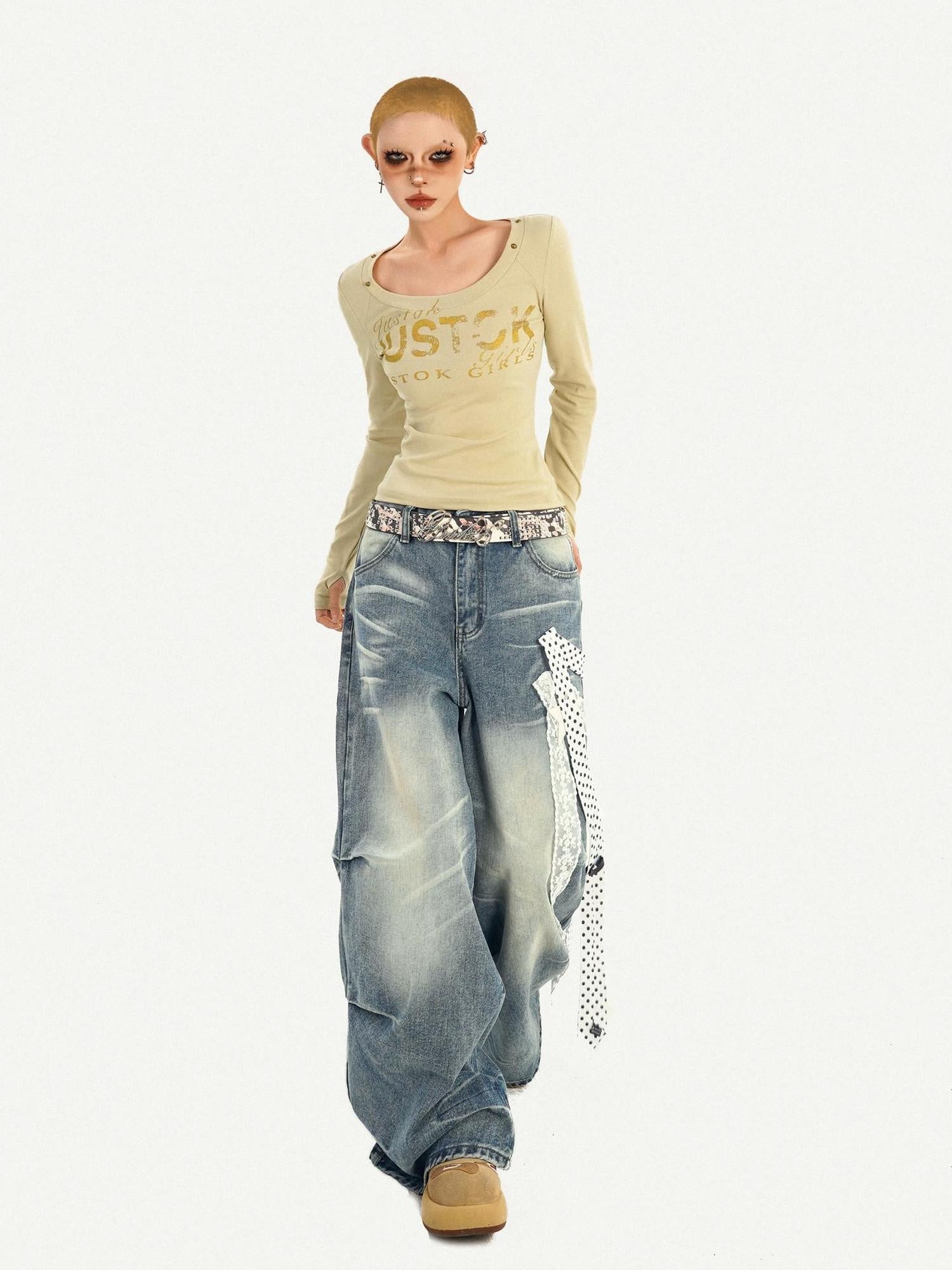 Nico Molly Printed Slim Fit American Crewneck Women Letter Graphic Long Sleeve T-Shirts