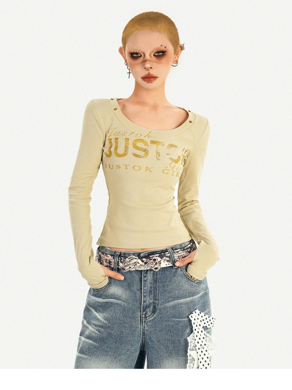Nico Molly Printed Slim Fit American Crewneck Women Letter Graphic Long Sleeve T-Shirts