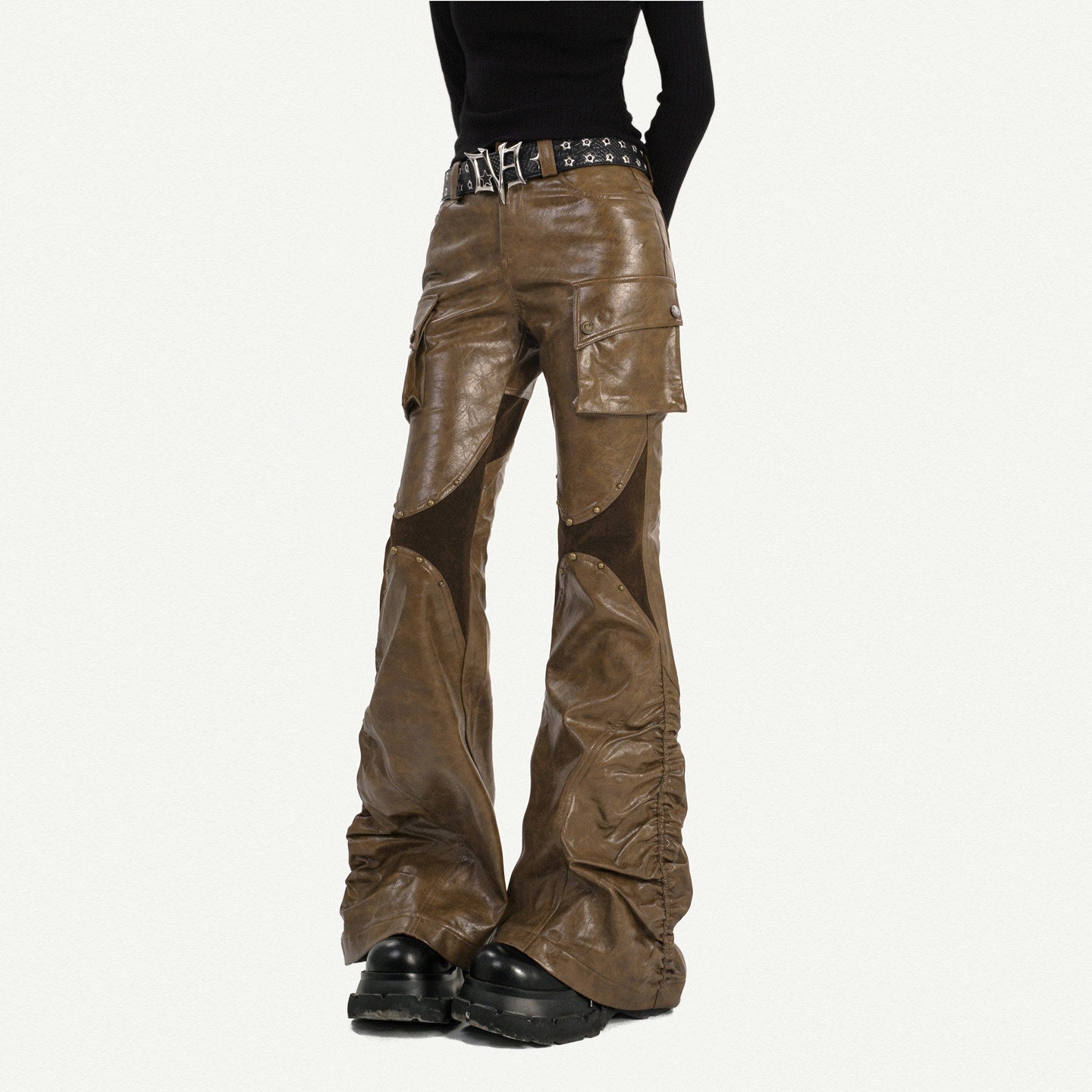 Nico_Molly_Pu_Leather_Low_Rise_Pocketed_Mechanical_Flared_Women_Utility_Cargo_Pants_MISSTT